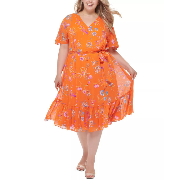 Calvin Klein Dresses & Skirts - CALVIN KLEIN Plus Size Floral-Print Flutter-Sleeve Belted Midi Dress | 16